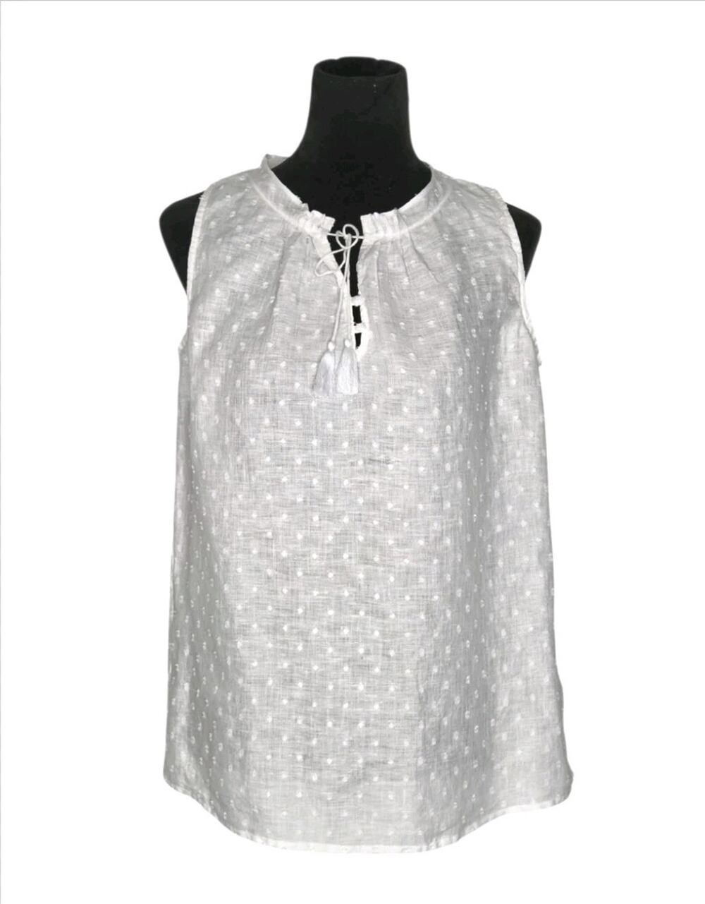 J. Mclaughlin women's white cotton linen Swiss Dot tie neck blouse S Romantic